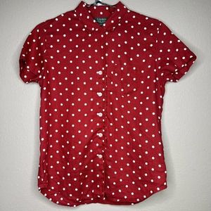 Lauren Ralph Lauren Women's Petite Red Linen Polka Dot Button-Up Shirt Sz P/S